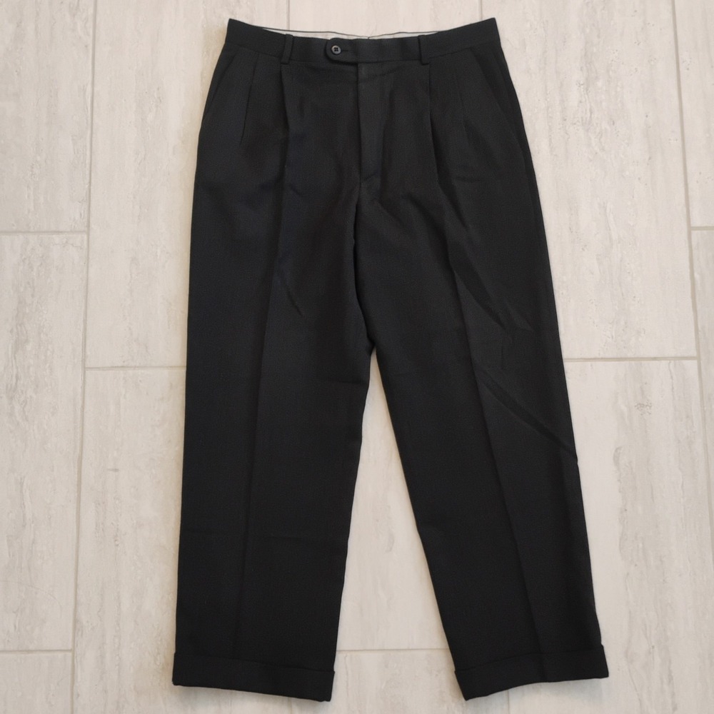 Zanella Saks Fifth Avenue Dress Pants Mens 33 Black Pleated 100% Virgin Wool
